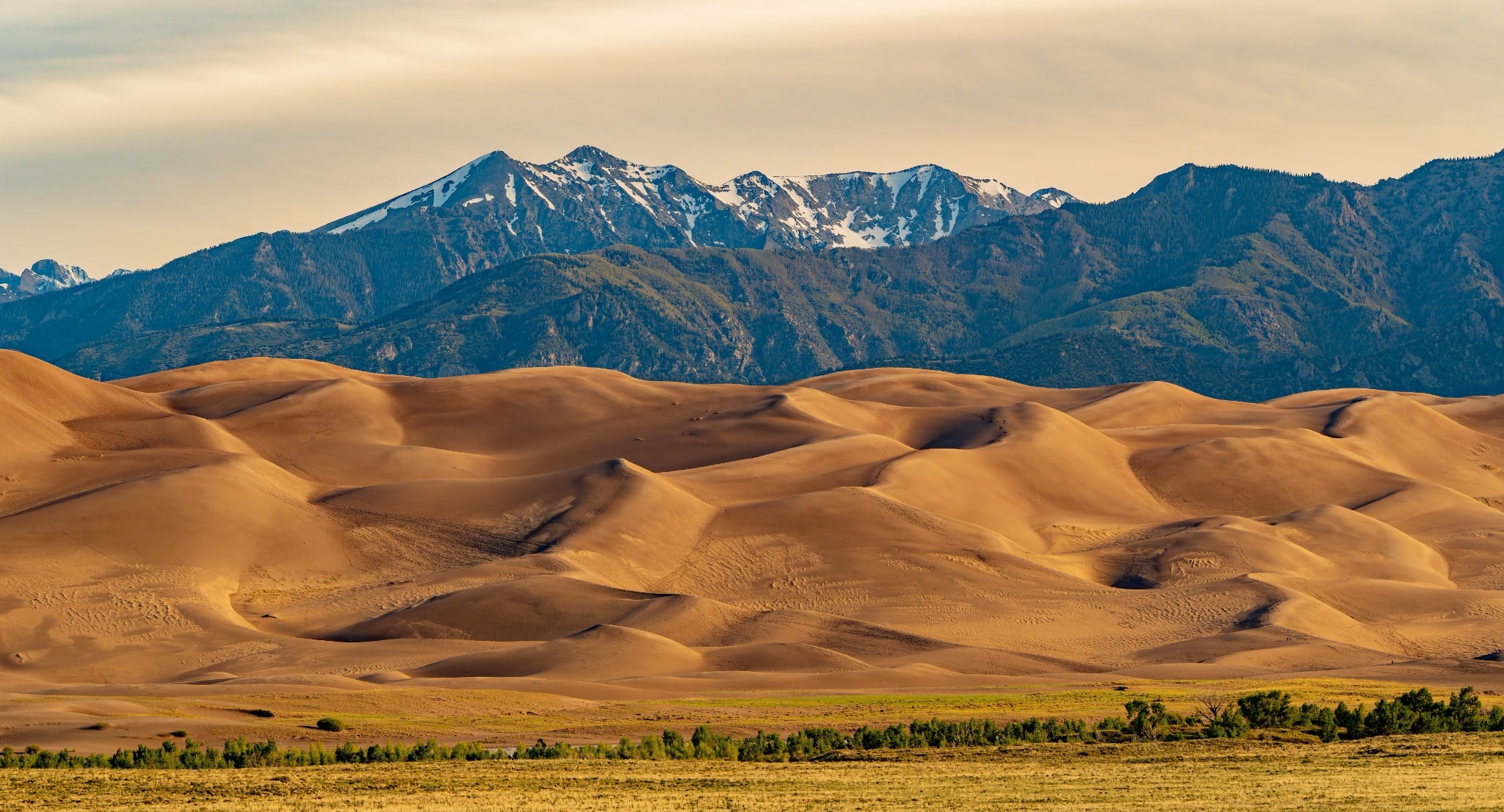 Gouden zandduinen en bergen in Great Sand Dunes
