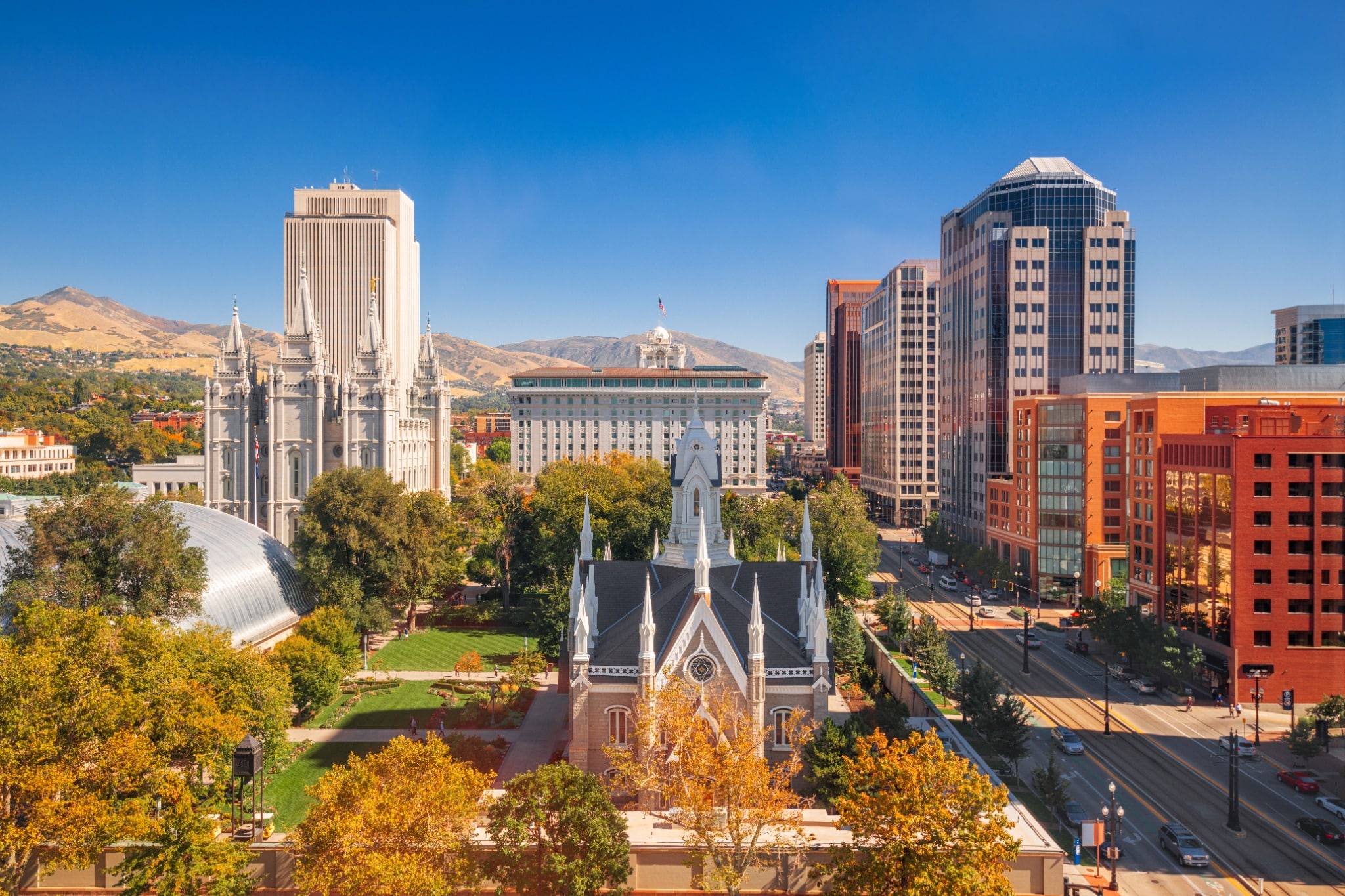 Temple Square en omliggende gebouwen in Salt Lake City