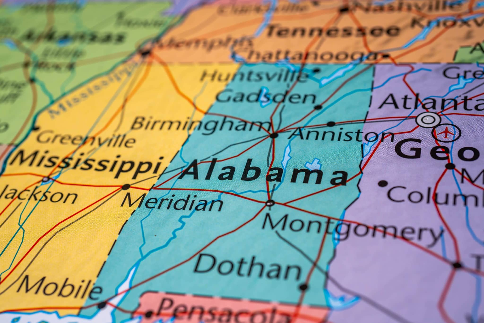 Kaart van Alabama met steden zoals Birmingham en Montgomery